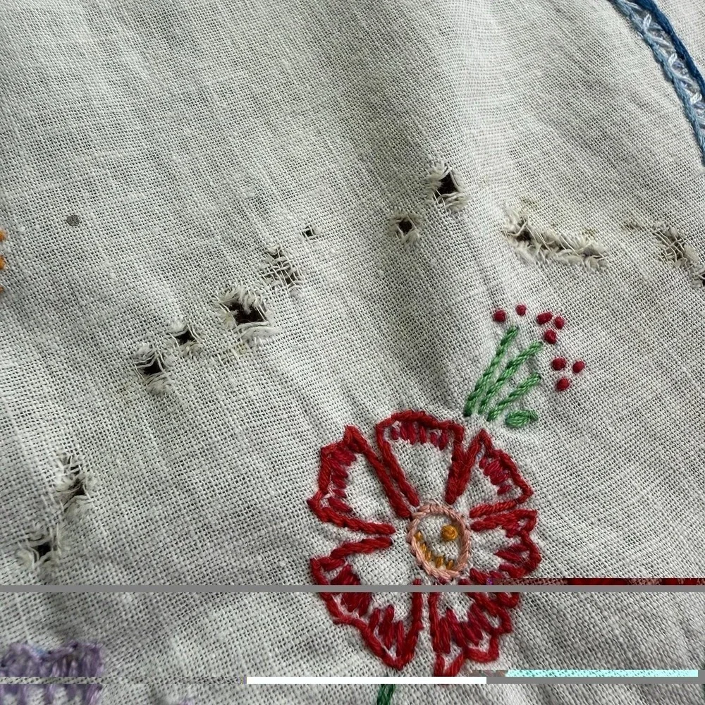 Vtg Hand-Embroidered Floral Linen Table Runner With Lace Tatted Edging 36